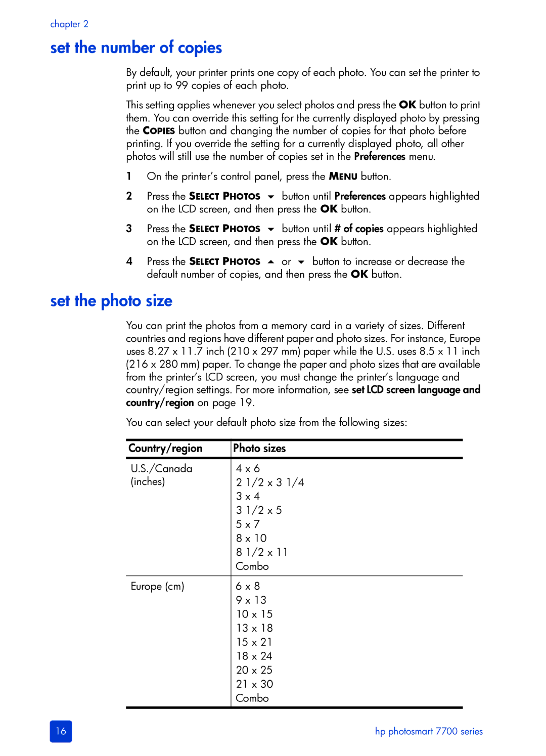 HP 7700 manual Set the number of copies, Set the photo size 