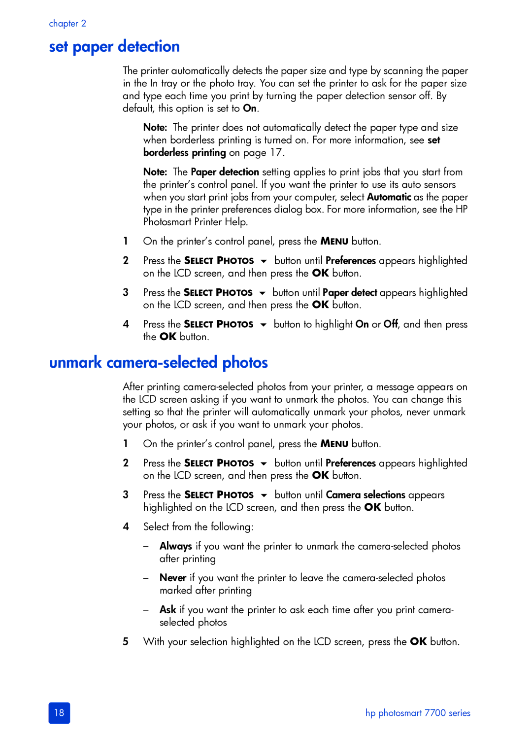 HP 7700 manual Set paper detection, Unmark camera-selected photos 