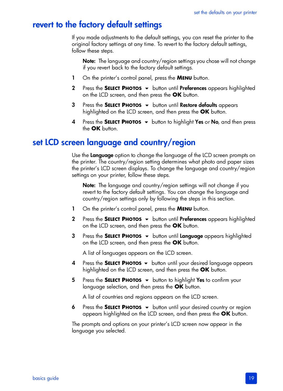 HP 7700 manual Revert to the factory default settings, Set LCD screen language and country/region 