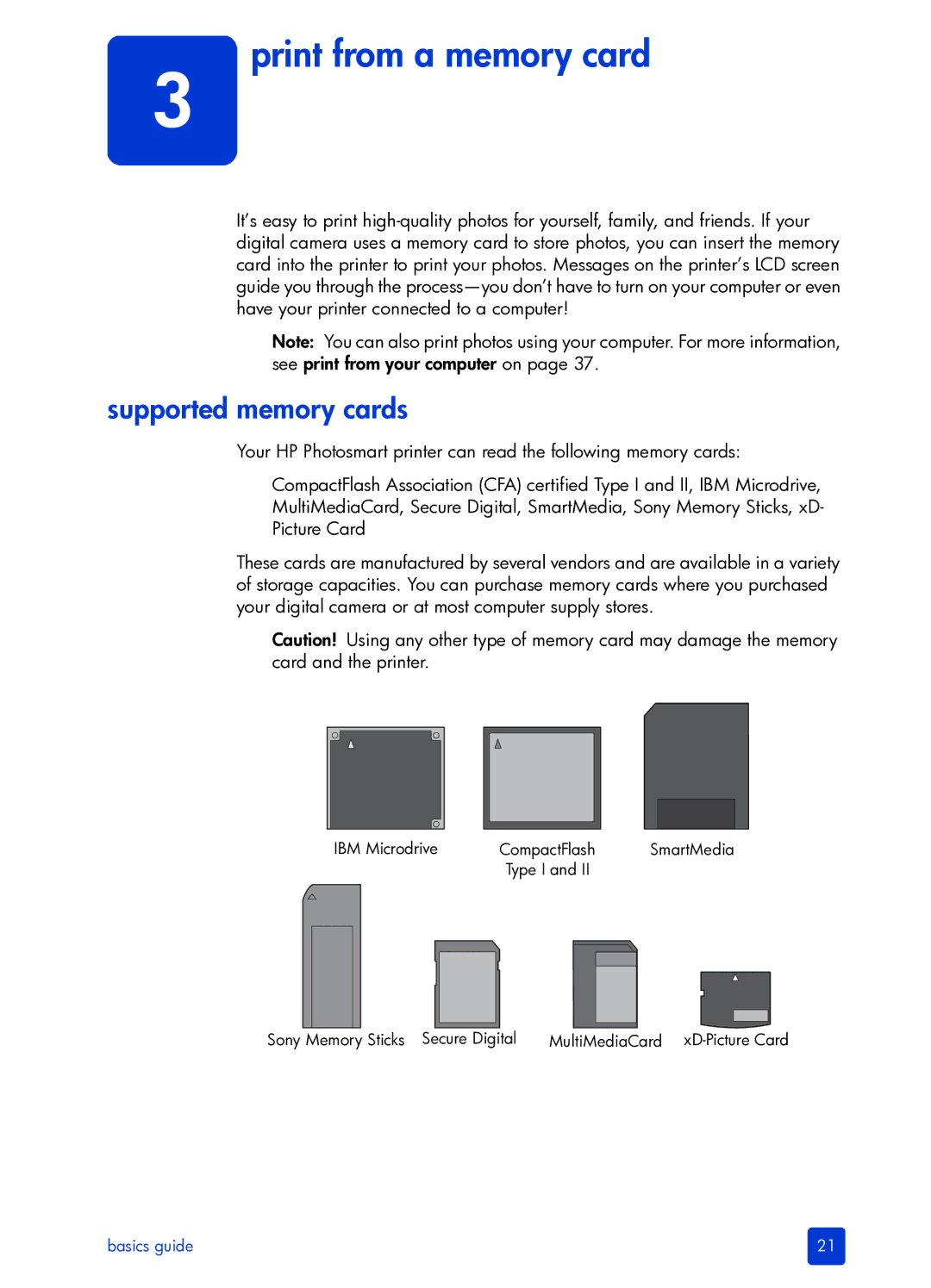 HP 7700 manual Print from a memory card, Supported memory cards 