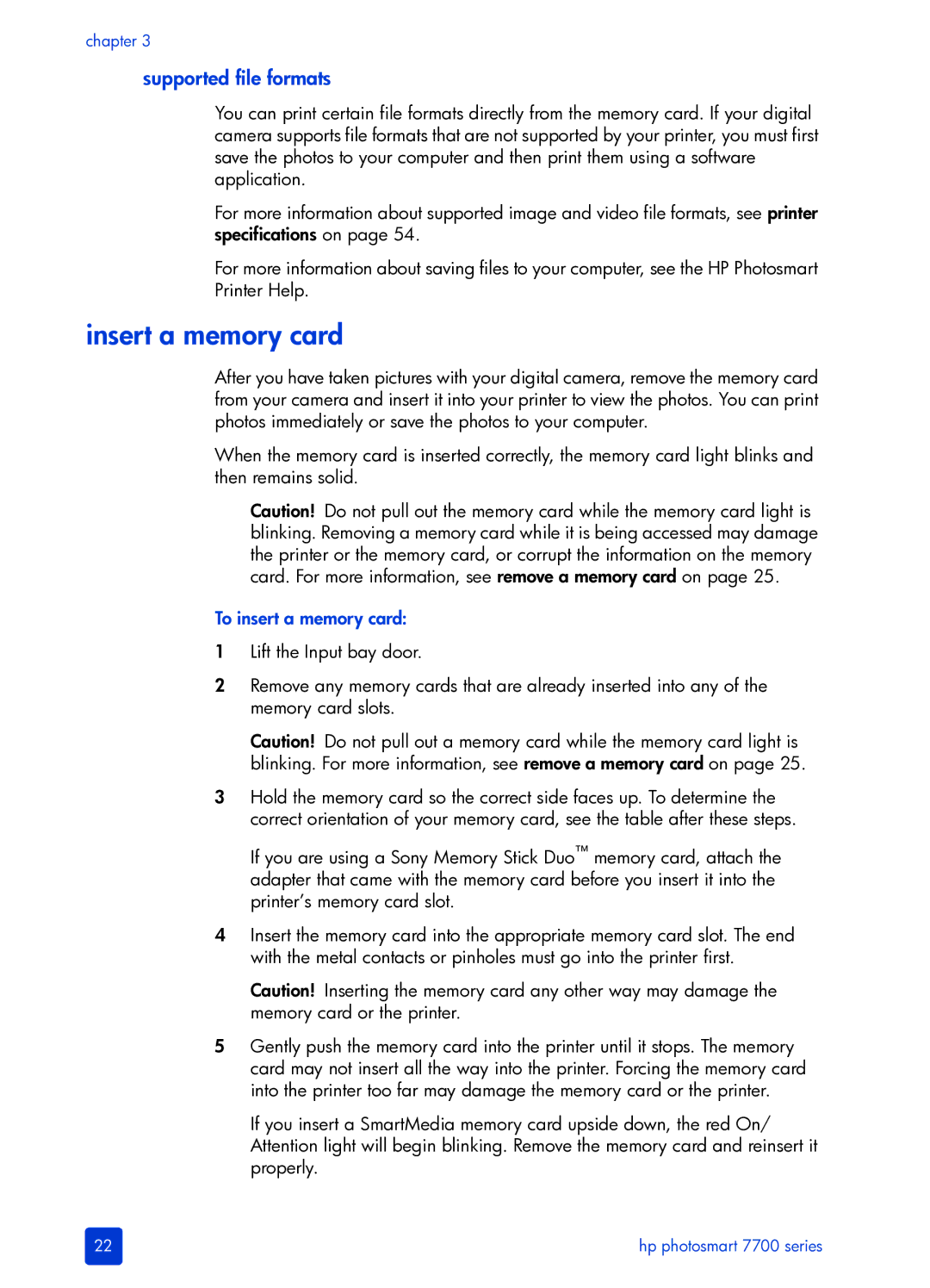 HP 7700 manual Insert a memory card, Supported file formats 