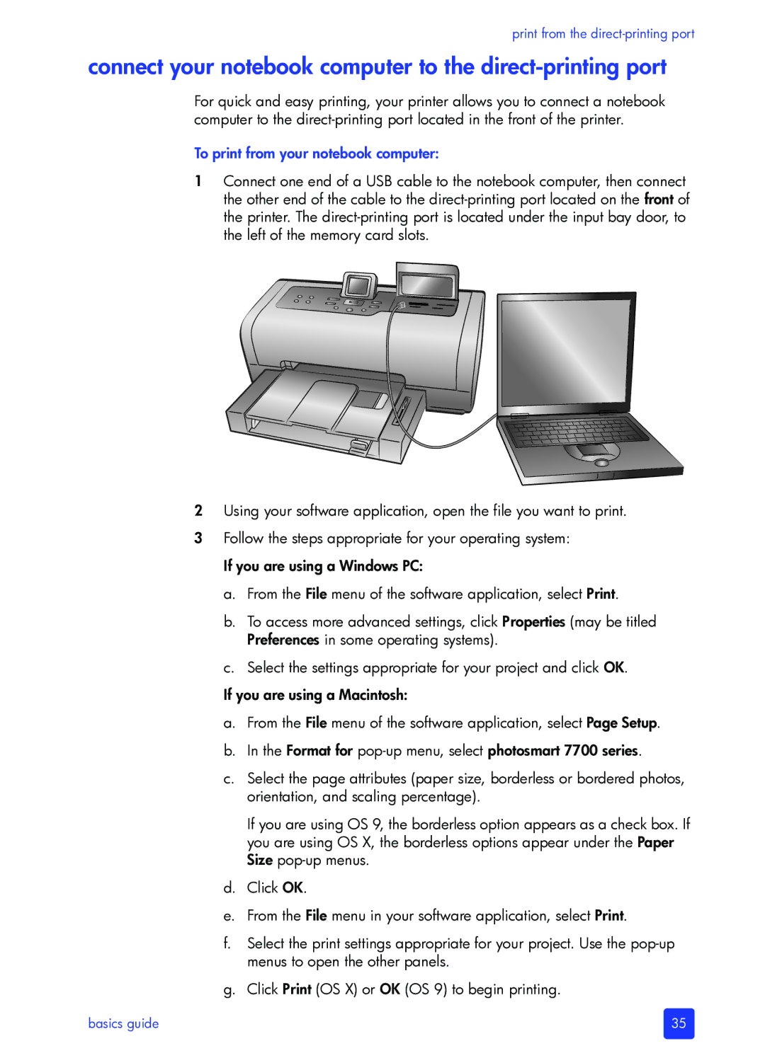 HP 7700 manual Connect your notebook computer to the direct-printing port, To print from your notebook computer 