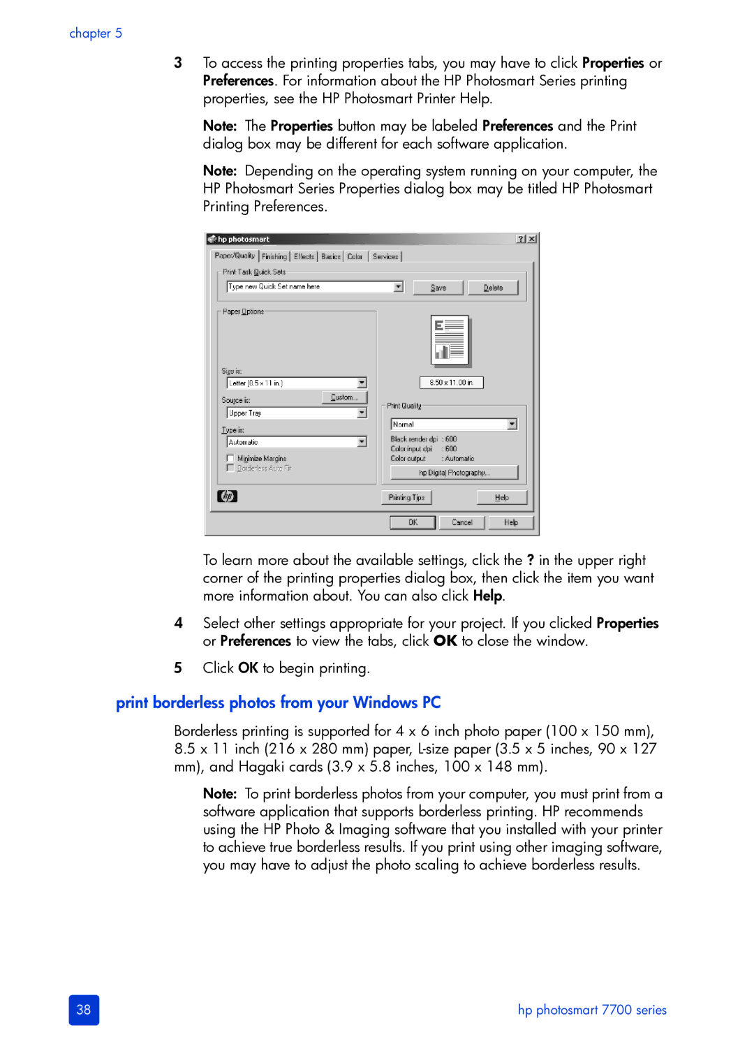 HP 7700 manual Print borderless photos from your Windows PC 