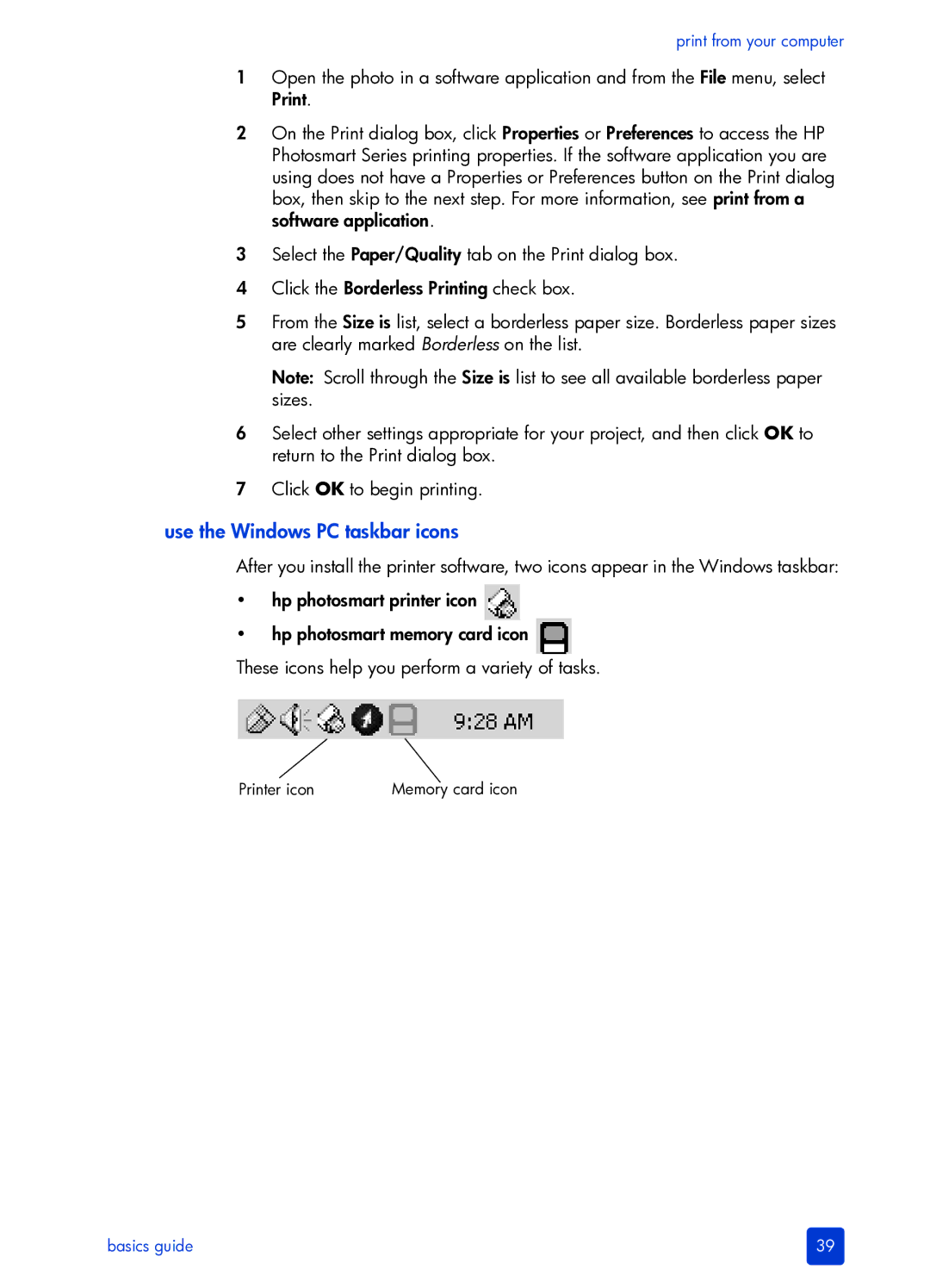 HP 7700 manual Use the Windows PC taskbar icons 