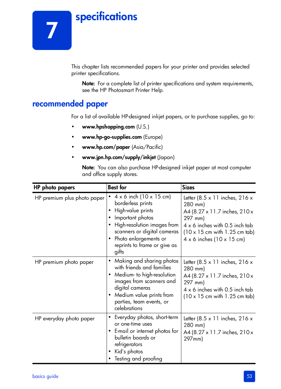 HP 7700 manual Specifications, Recommended paper 