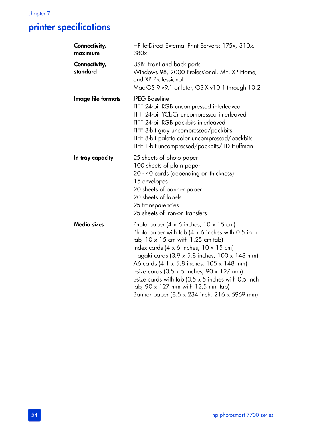 HP 7700 manual Printer specifications 