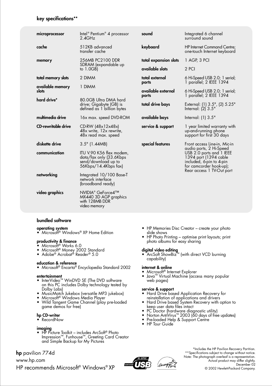 HP 774d (AP) manual HP recommends Microsoft Windows XP, Key specifications 