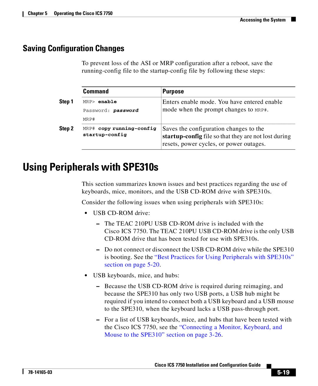 HP 7750 manual Using Peripherals with SPE310s, Saving Configuration Changes 