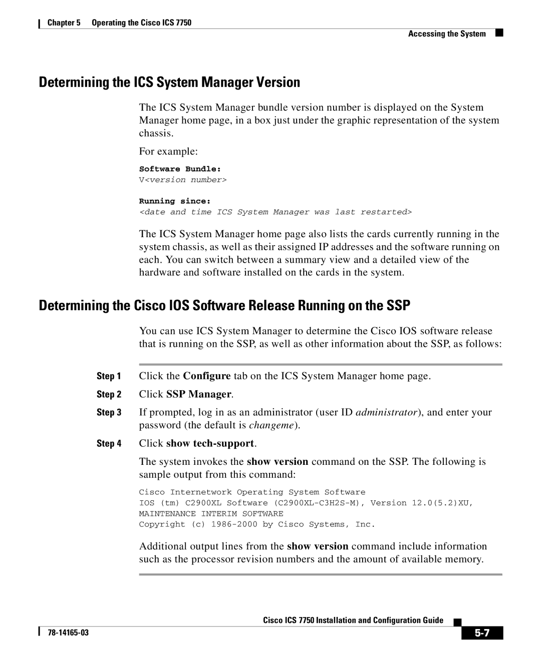 HP 7750 manual Determining the ICS System Manager Version, Click SSP Manager, Click show tech-support 