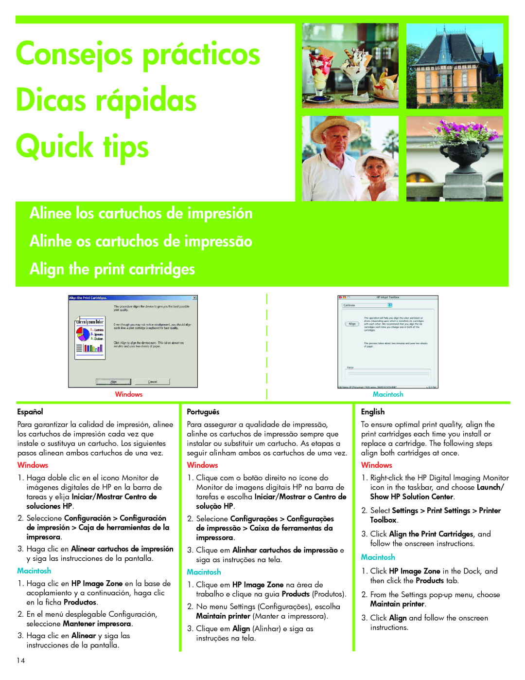 HP 7830 manual Español Português English, Clique em Align Alinhar e siga as instruções na tela 