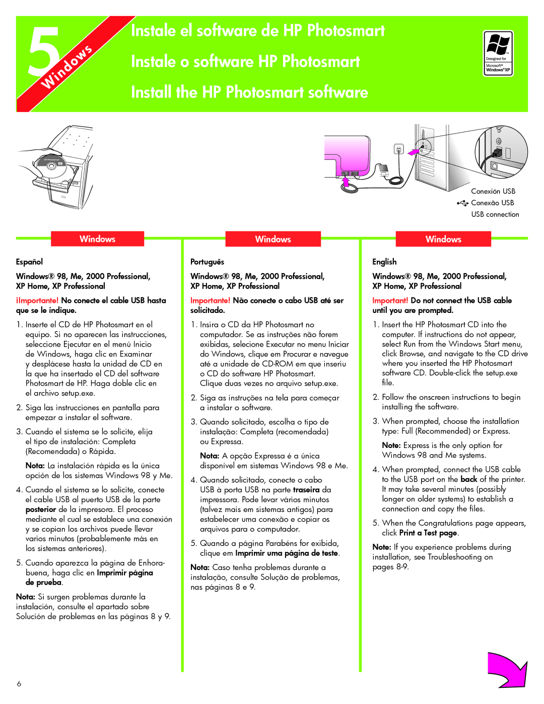 HP 7830 manual Español, Importante! Não conecte o cabo USB até ser solicitado 