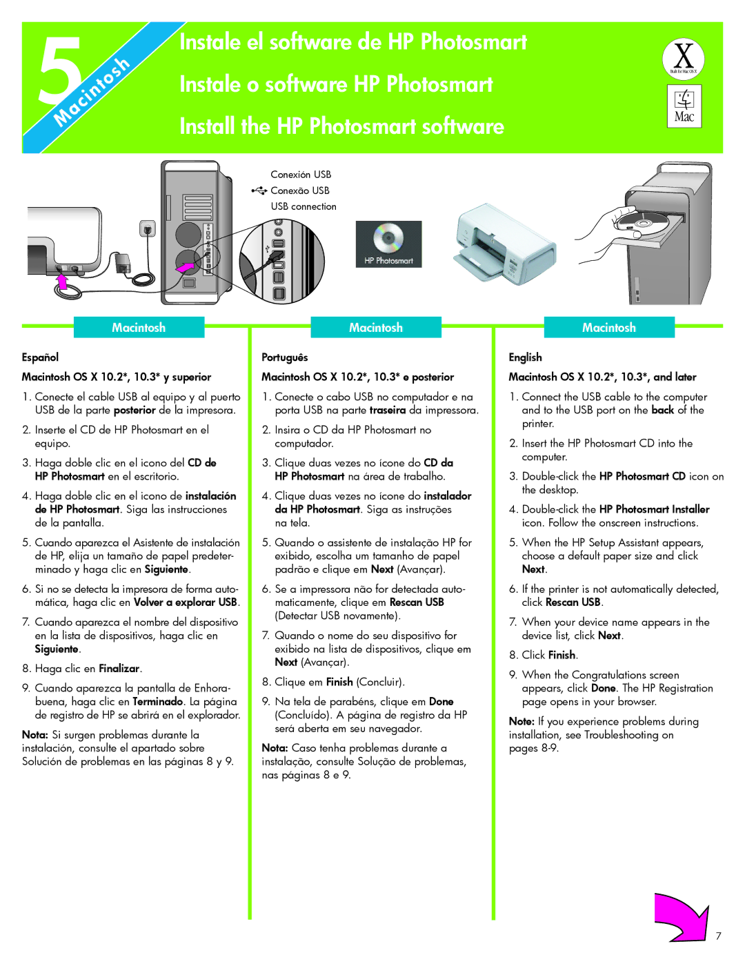 HP 7830 manual Español Macintosh OS X 10.2*, 10.3* y superior, Português Macintosh OS X 10.2*, 10.3* e posterior 