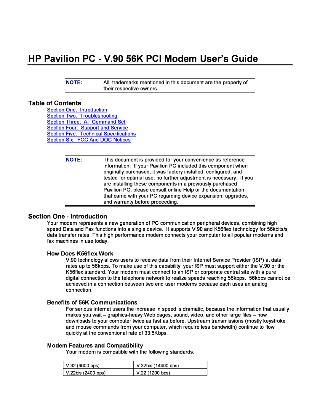 HP 7861 (LA) manual Table of Contents, Section One - Introduction, How Does K56flex Work, Benefits of 56K Communications 