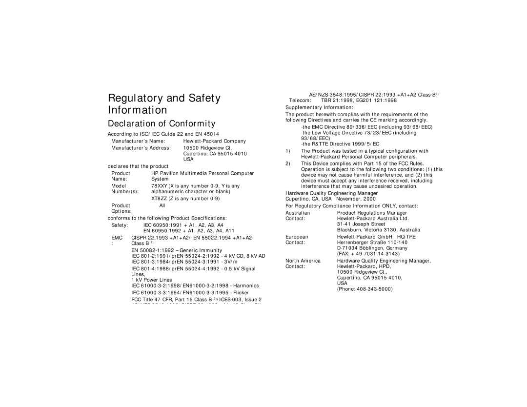 HP 7867 (US) manual Regulatory and Safety Information, Declaration of Conformity 