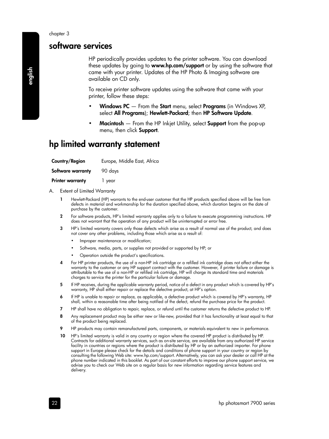 HP 7900 manual Software services, Hp limited warranty statement 