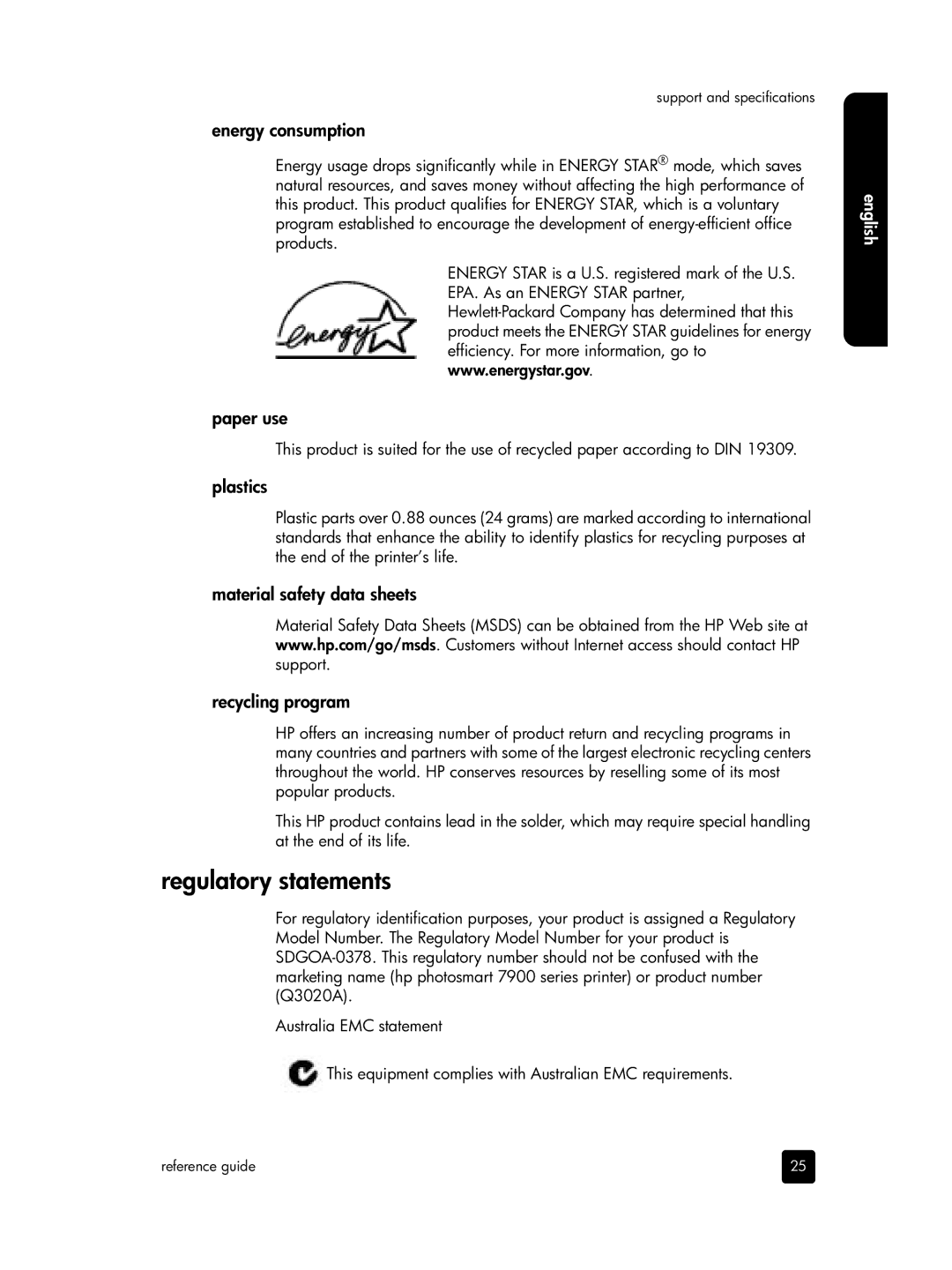 HP 7900 Regulatory statements, Energy consumption, Paper use, Plastics, Material safety data sheets Recycling program 