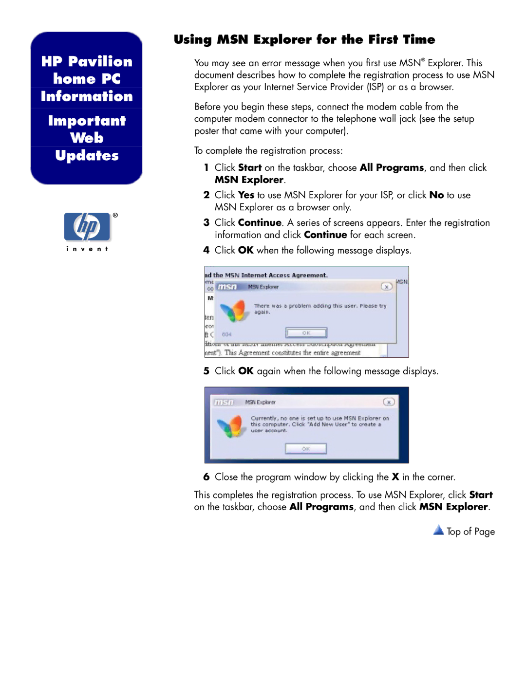 HP 7917 (CAN), 7935 (US/CAN) manual HP Pavilion Home PC Information Web Updates, Using MSN Explorer for the First Time 