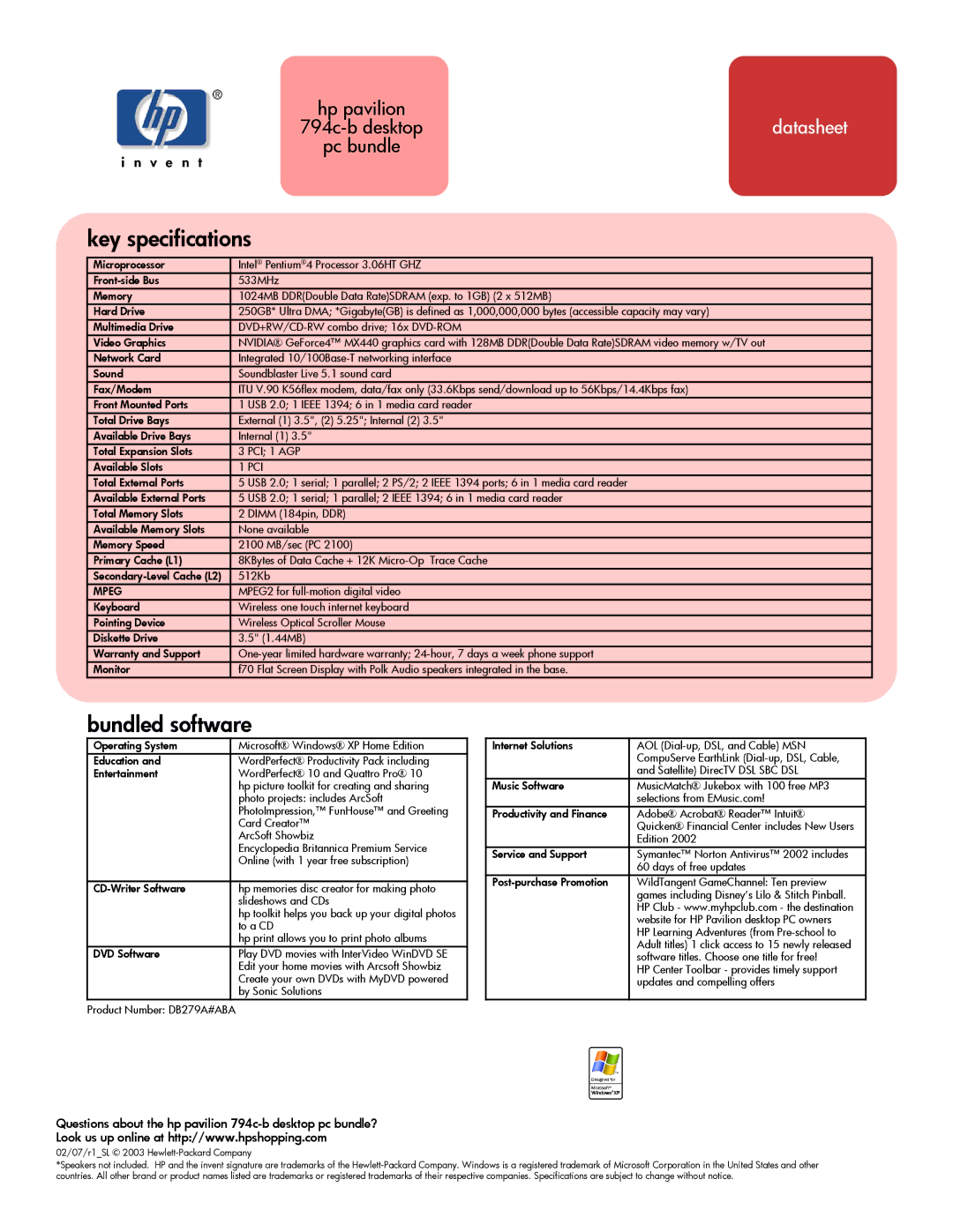 HP 794c (US/CAN) manual Key specifications, Bundled software, Questions about the hp pavilion 794c-b desktop pc bundle? 
