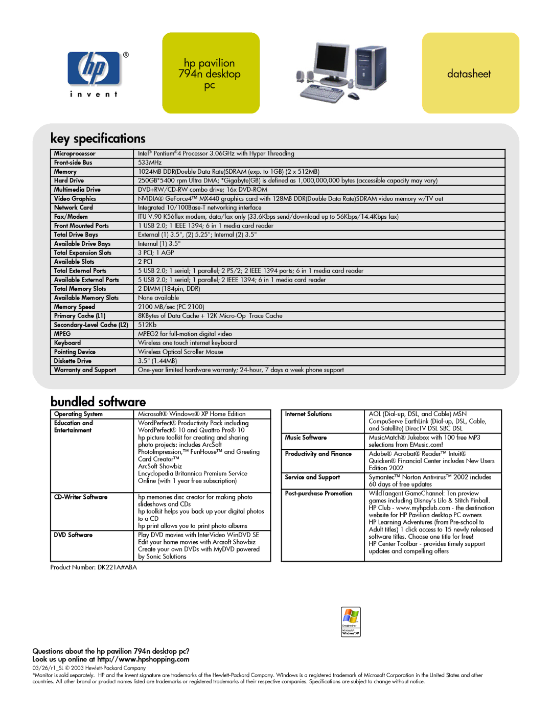 HP 794n (US/CAN) manual Key specifications, Bundled software, PCI 1 AGP, Pci, Mpeg 