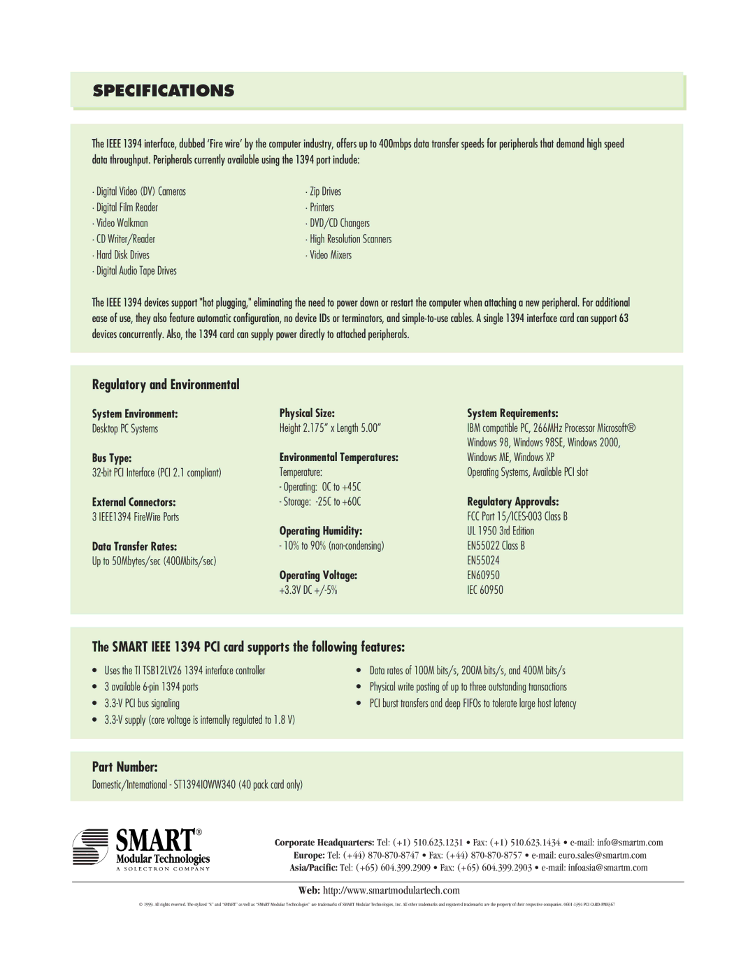 HP 7975 (US/CAN), 7950 (US/CAN), 7955 (US/CAN) manual Smart Ieee 1394 PCI card supports the following features, Part Number 