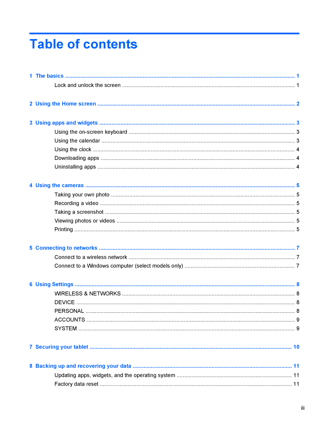 HP 7J manual Table of contents 