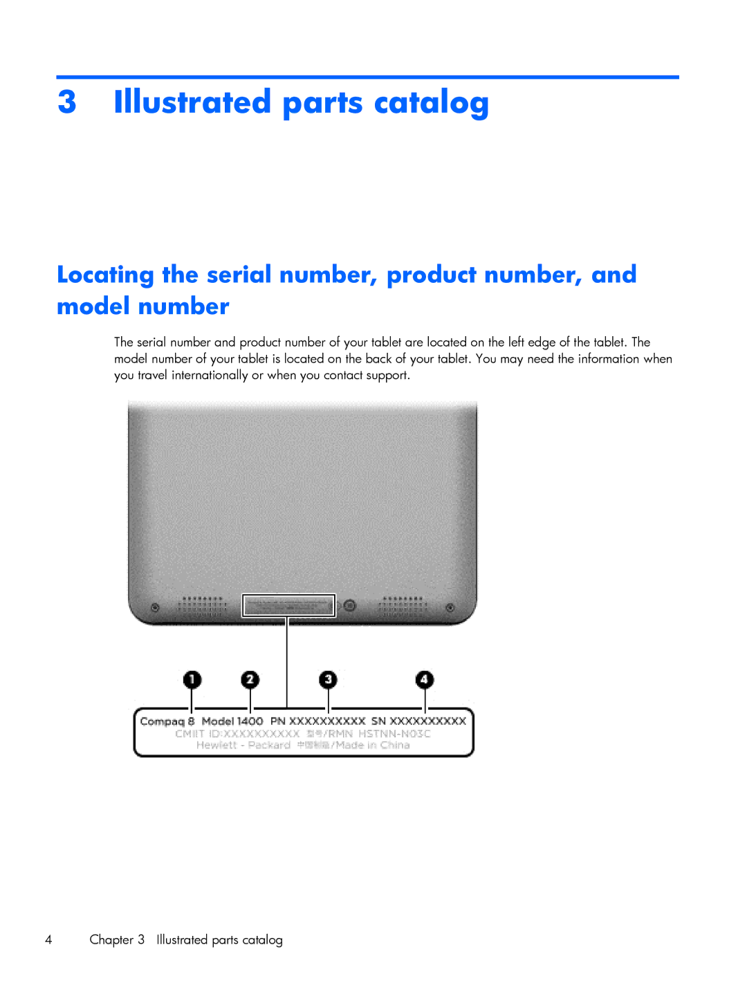 HP 8 1400 manual Illustrated parts catalog, Locating the serial number, product number, and model number 