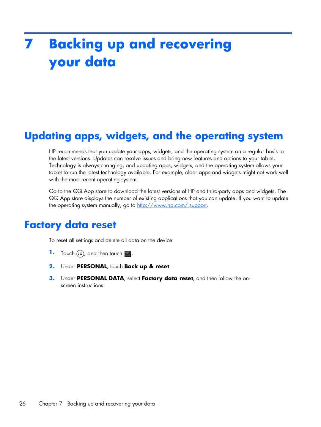 HP 8 1400 manual Backing up and recovering your data, Updating apps, widgets, and the operating system, Factory data reset 