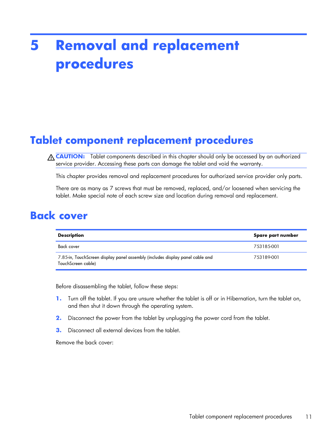 HP 8 1400 manual Removal and replacement procedures, Tablet component replacement procedures, Back cover 