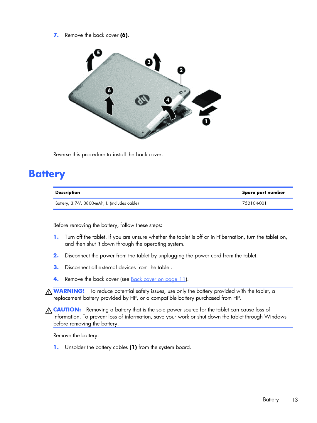 HP 8 1400 manual Battery 