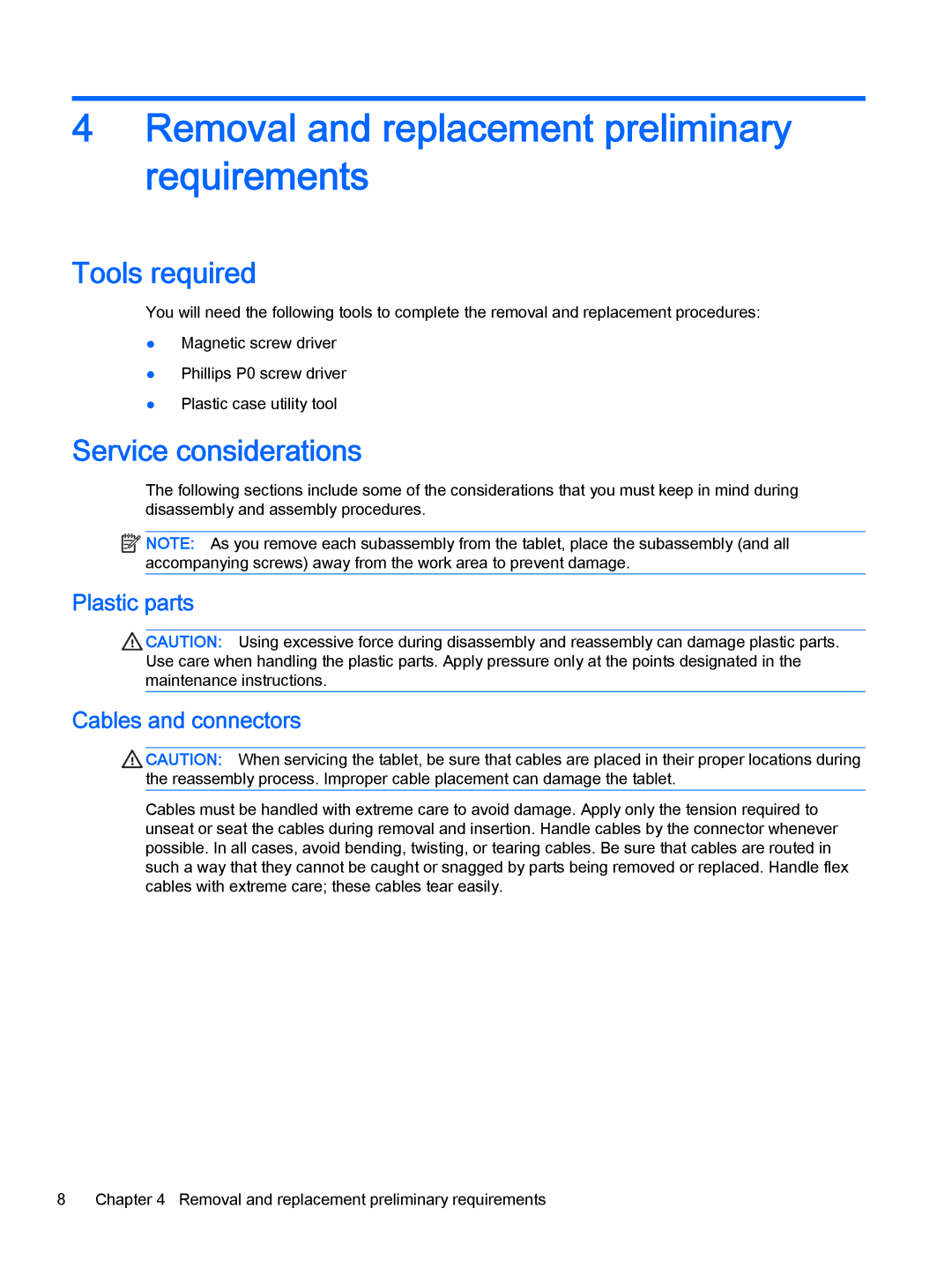 HP 8 II 1411 manual Removal and replacement preliminary requirements, Tools required, Service considerations 