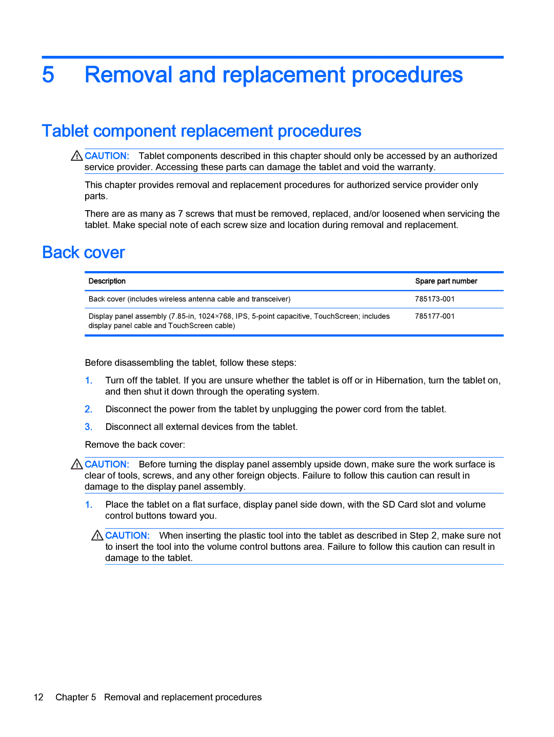 HP 8 II 1411 manual Removal and replacement procedures, Tablet component replacement procedures, Back cover 