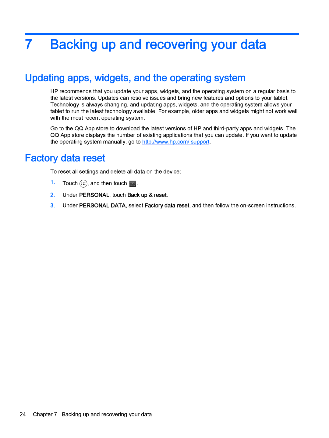 HP 8 II 1411 Backing up and recovering your data, Updating apps, widgets, and the operating system, Factory data reset 