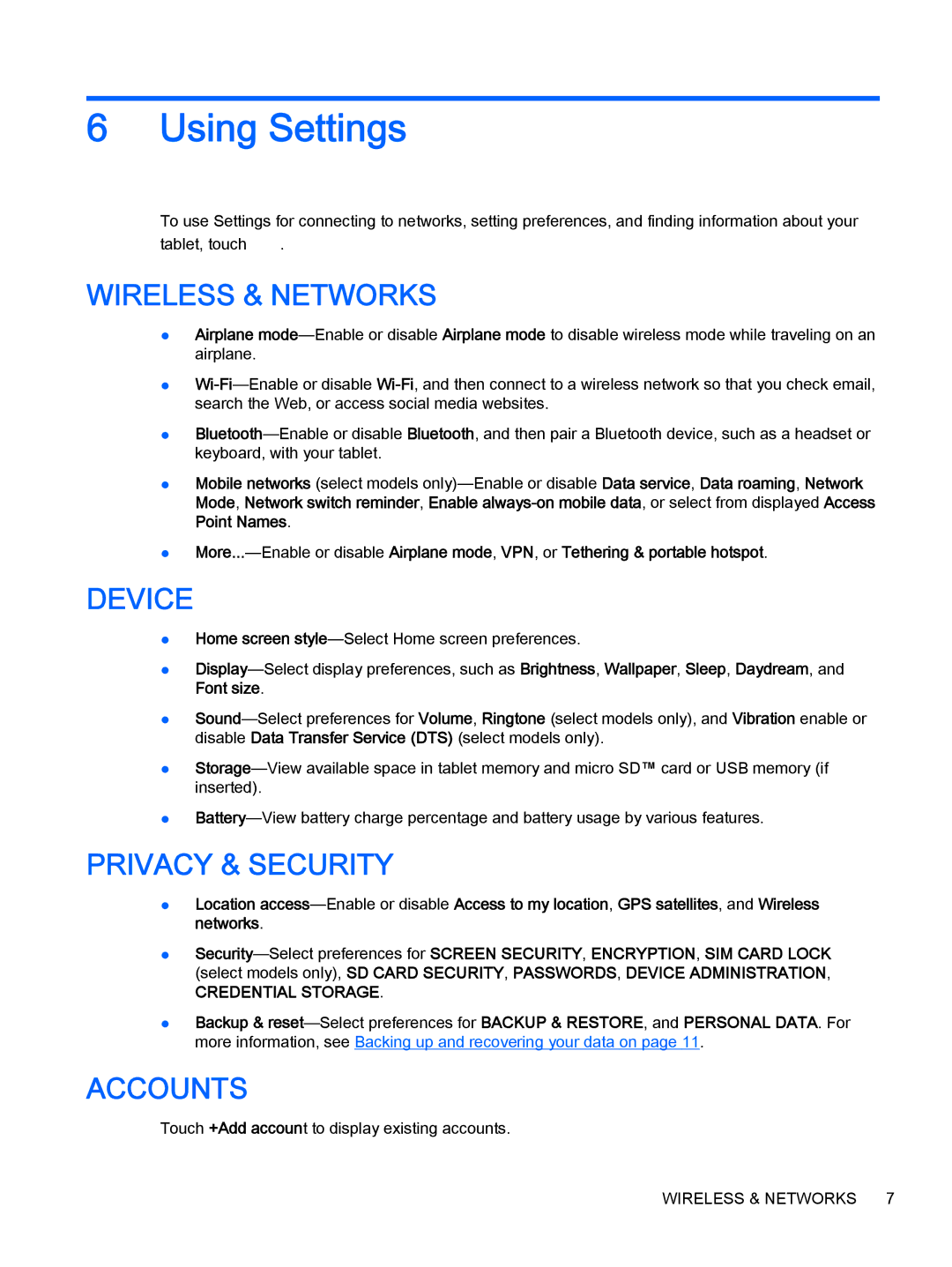 HP 8 Plus - 7500nf manual Using Settings, Wireless & Networks 