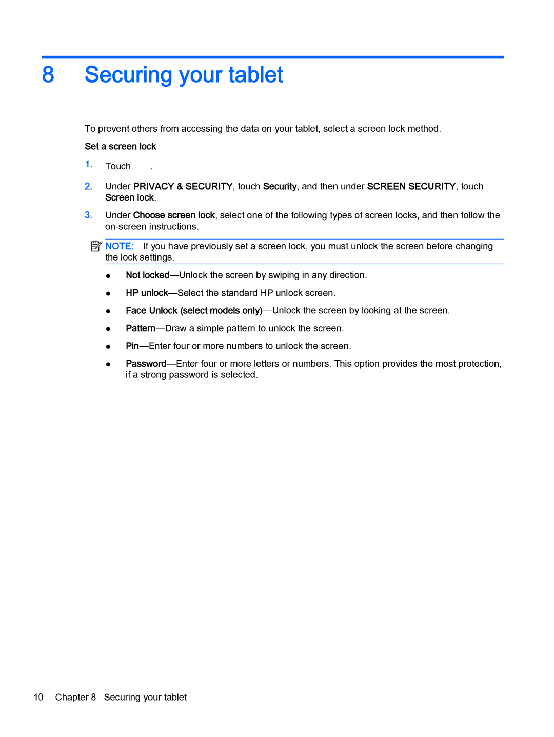 HP 8 Plus - 7500nf manual Securing your tablet 