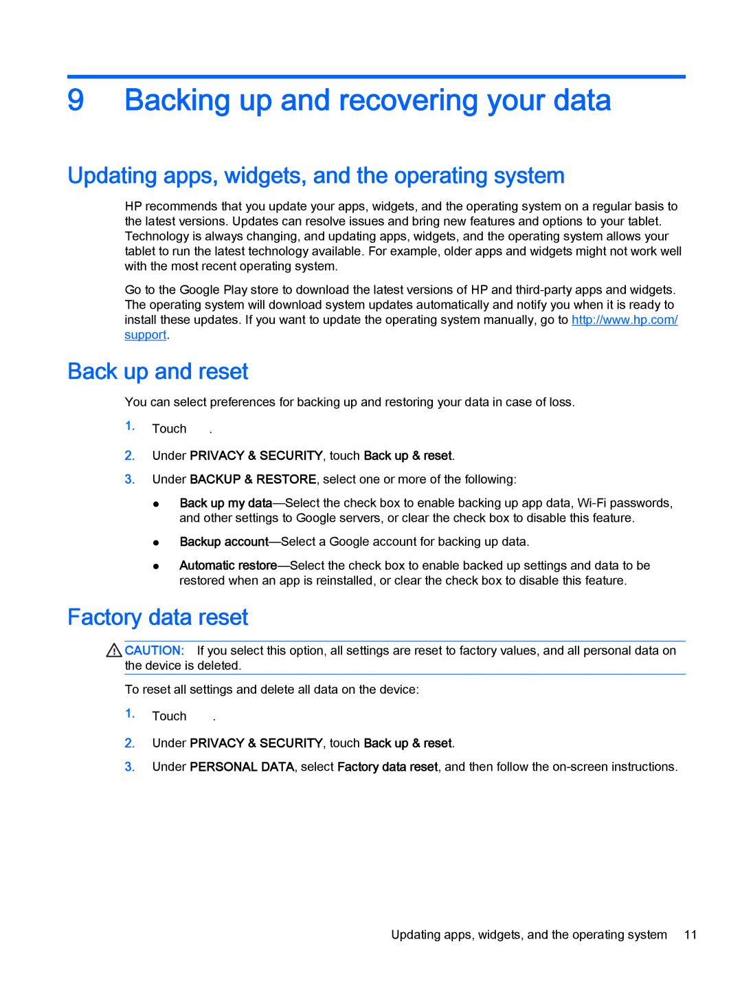 HP 8 Plus - 7500nf manual Backing up and recovering your data, Updating apps, widgets, and the operating system 