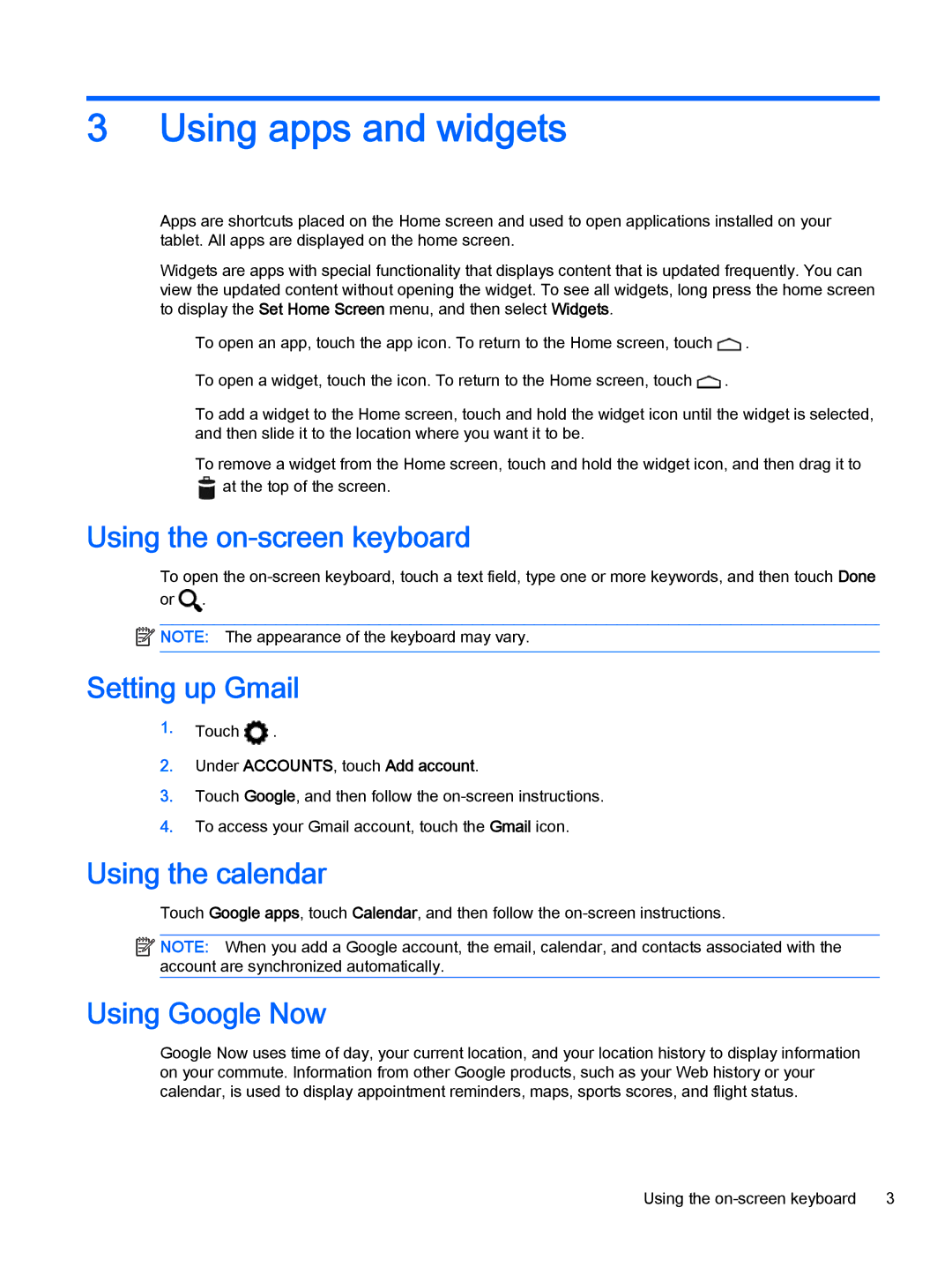 HP 8 Plus - 7500nf manual Using apps and widgets, Using the on-screen keyboard, Setting up Gmail, Using the calendar 