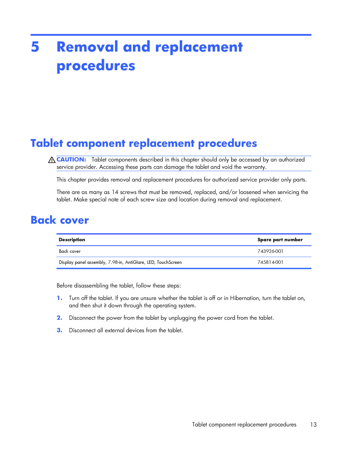 HP 8 Pro 7600ca, 8 Pro 7600us manual Removal and replacement procedures, Tablet component replacement procedures, Back cover 