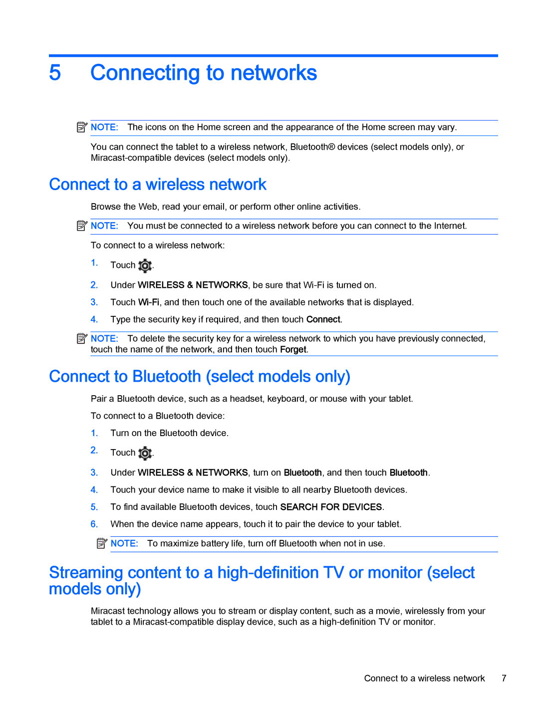 HP 8 Pro manual Connecting to networks, Connect to a wireless network, Connect to Bluetooth select models only 