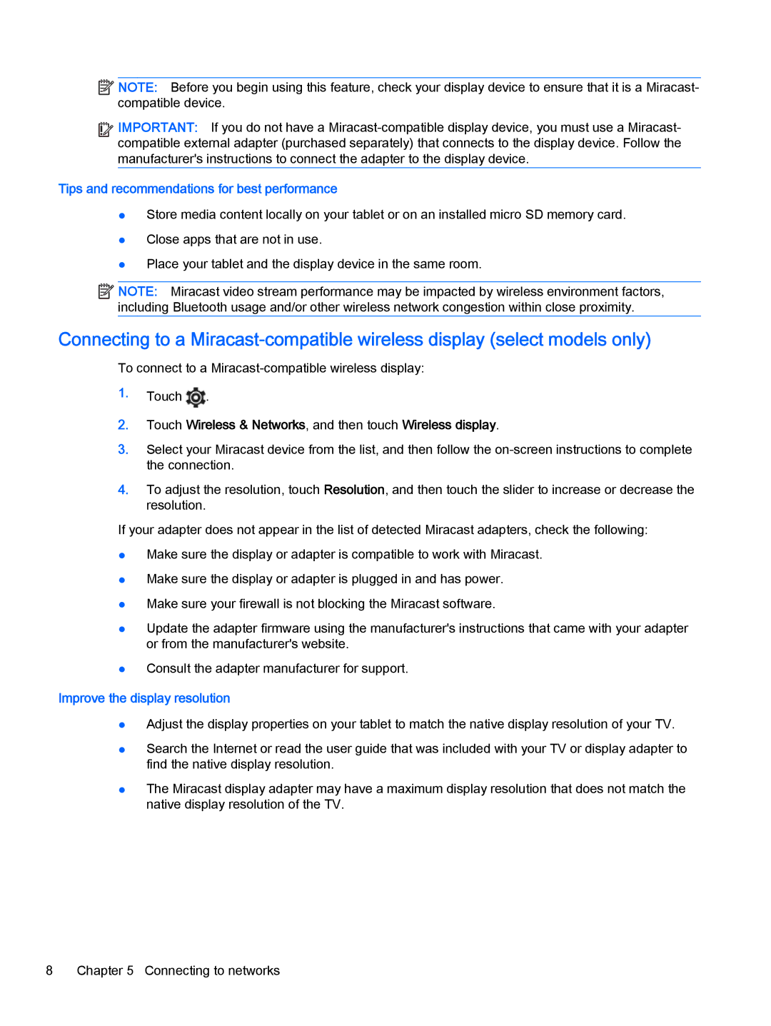HP 8 Pro manual Tips and recommendations for best performance, Touch Wireless & Networks, and then touch Wireless display 
