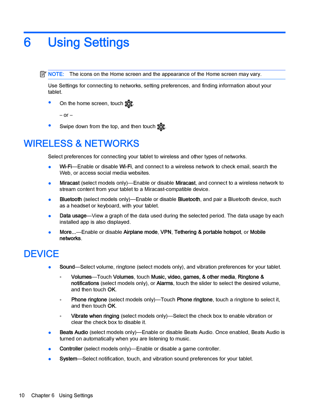 HP 8 Pro manual Using Settings, Wireless & Networks 