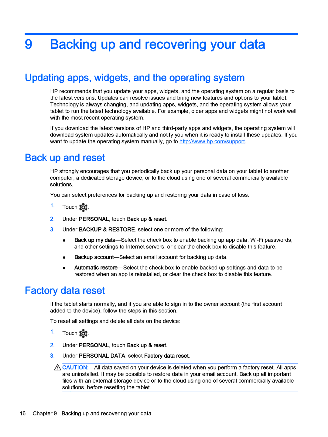 HP 8 Pro manual Backing up and recovering your data, Updating apps, widgets, and the operating system, Back up and reset 