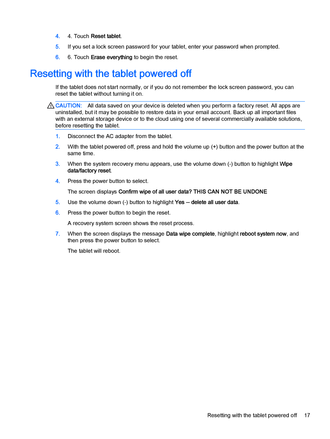 HP 8 Pro manual Resetting with the tablet powered off, Touch Reset tablet 