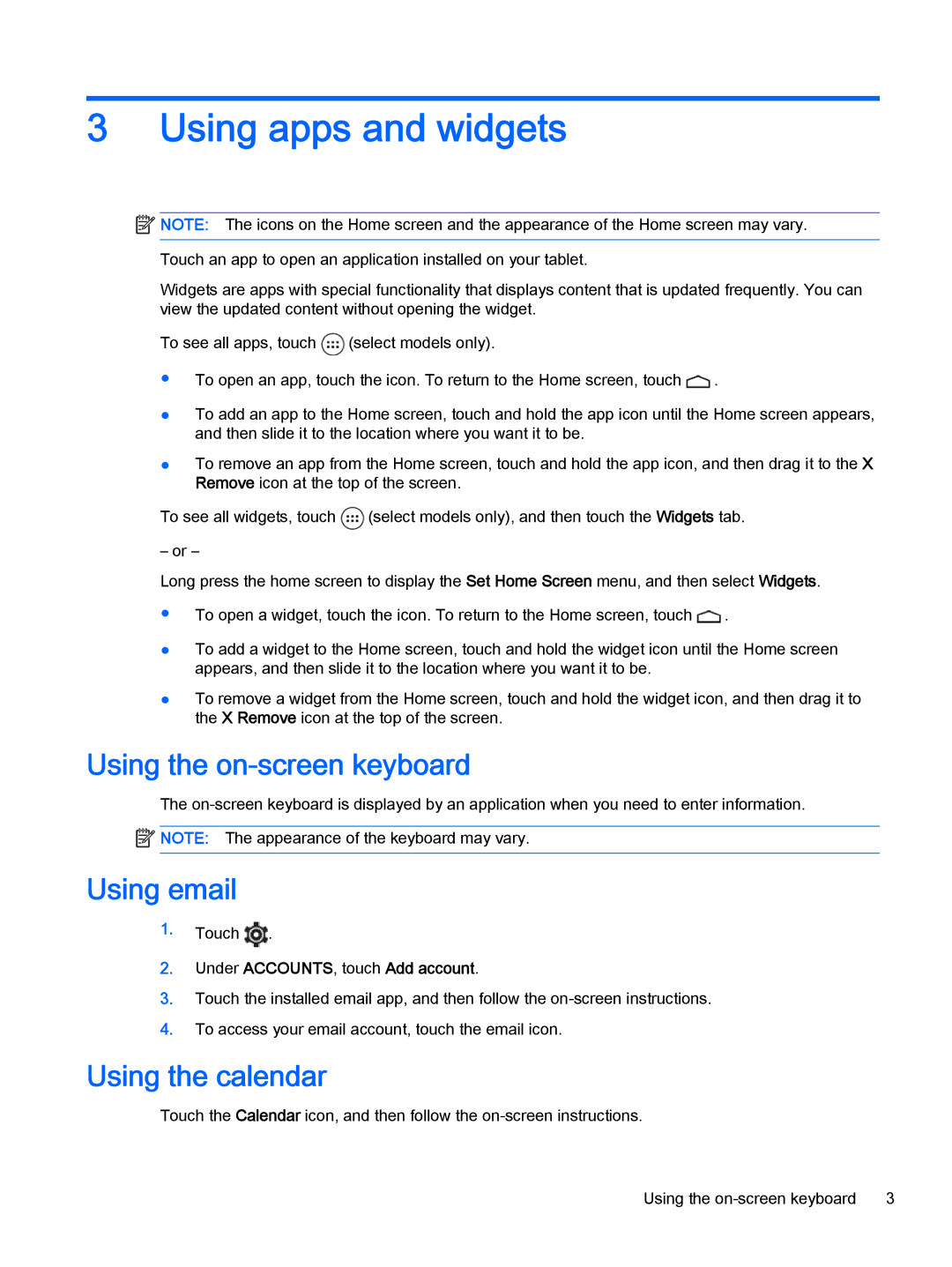 HP 8 Pro manual Using apps and widgets, Using the on-screen keyboard, Using email, Using the calendar 