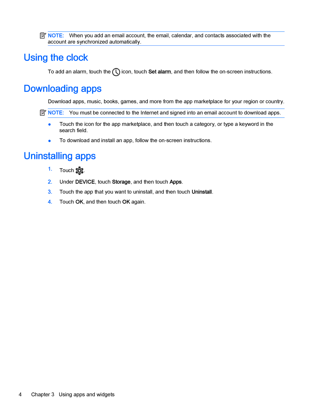 HP 8 Pro manual Using the clock, Downloading apps, Uninstalling apps 