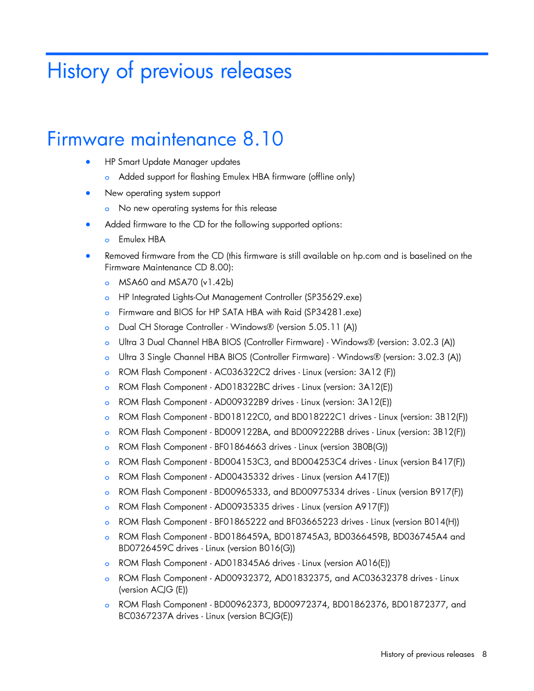 HP 8 manual History of previous releases, Firmware maintenance 