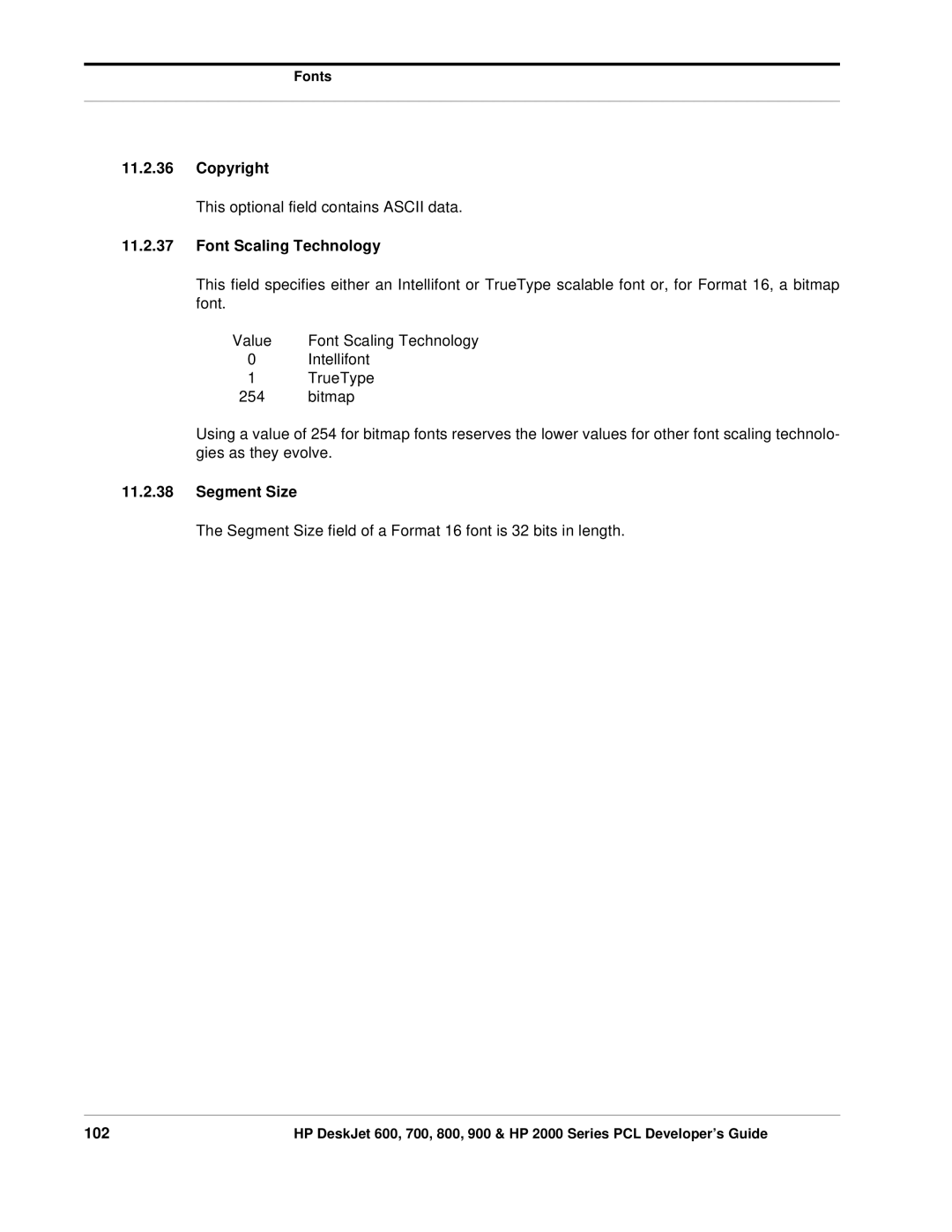 HP 800, 700 manual Copyright, Font Scaling Technology, Segment Size, 102 