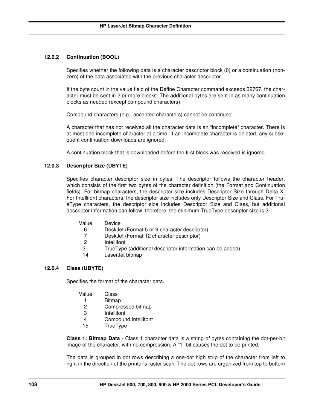 HP 800, 700 manual Continuation Bool, Descriptor Size Ubyte, Class Ubyte, 108 