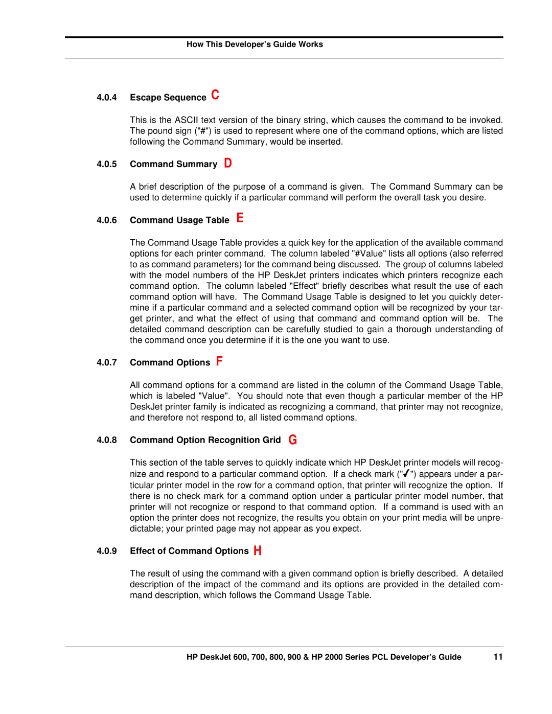 HP 700 Escape Sequence C, Command Summary D, Command Usage Table E, Command Options F, Command Option Recognition Grid G 