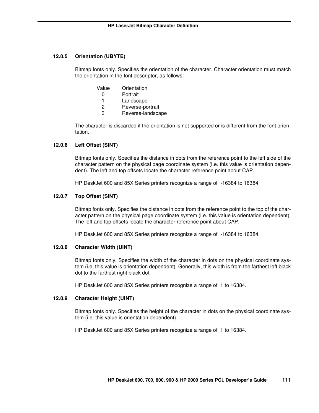 HP 700, 800 manual Left Offset Sint, Top Offset Sint, Character Width Uint, Character Height Uint, 111 