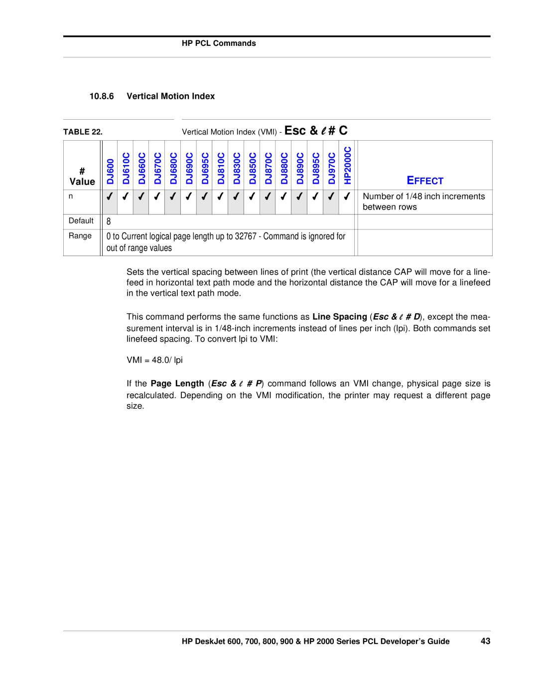 HP 700, 800 manual Vertical Motion Index, Number of 1/48 inch increments, Between rows, Out of range values 